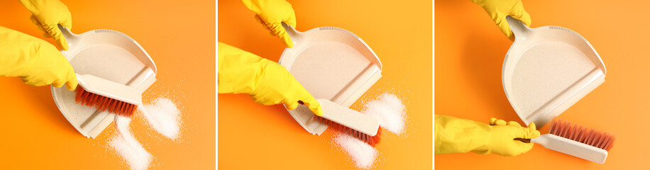 Collage with woman in rubber gloves sweeping sugar with dustpan and brush on orange background