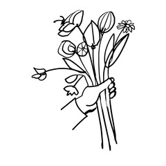 The hand holds a bouquet of flowers. Hand-drawn doodle illustration