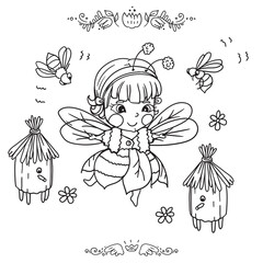 Girl in bee costume with wings with bees and beehives.