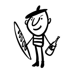 A cheerful Frenchman with a baguette and a bottle of wine. A hand-drawn character. Vector doodle illustration