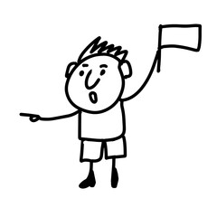 A boy with a flag in his hand. A hand-drawn funny character. Doodle illustration