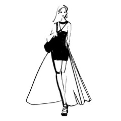 A young beautiful girl in a long dress. A fashionable model. A sketch, a fashionable illustration drawn by hand. Vector