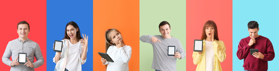 Fototapeta Set of different people with e-readers on color background obraz