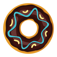 Donut. Top view sweet dessert into glaze for menu design, cafe decoration or delivery box. Candy food with sprinkles. Traditional breakfast