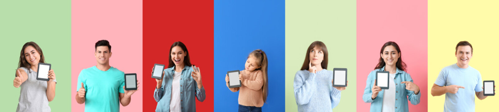 Set of different people with e-readers on color background
