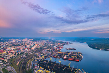 Murmansk, Russia Aerial view panorama of city and port of Nord sea sunset