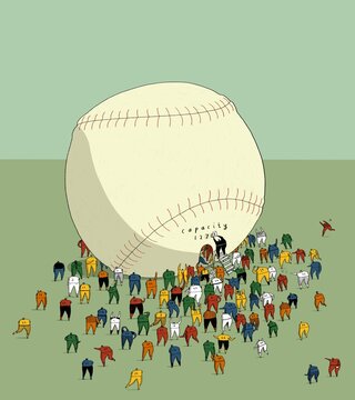 Illustration of People Entering Giant Baseball Stadium