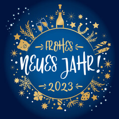 Fototapeta na wymiar Frohes neues Jahr 2023 Kalligraphie mit goldenen Symbolen auf blauem Hintergrund. Happy new Year Calligraphy in German. 