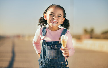 Summer, ice cream and happy portrait of child with smile and dripping face walking on street....