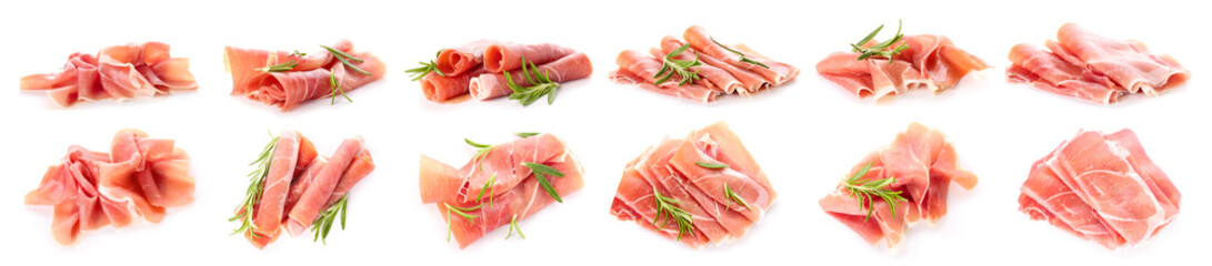 Set of tasty ham isolated on white