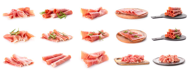 Set of tasty ham isolated on white