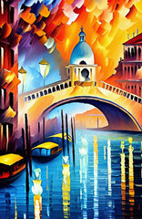 Digital painting Venice canals and houses, colorful palette knife oil painting graphic imitation, canvas print or poster template