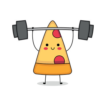 Cute pizza cartoon character weight lifting