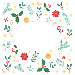 Fototapeta na wymiar Christmas festive frame with decorative elements isolated on a transparent background. Celebrate background with holly, snowflakes, poinsettia, mistletoe.