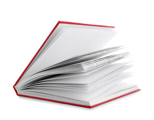 Flying hardcover book on white background