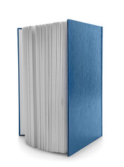 Flying blue hardcover book on white background