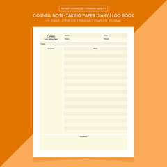 Cornell Note-Taking Paper Log Book | Cornell Diary Journal | Notebook Printable Template