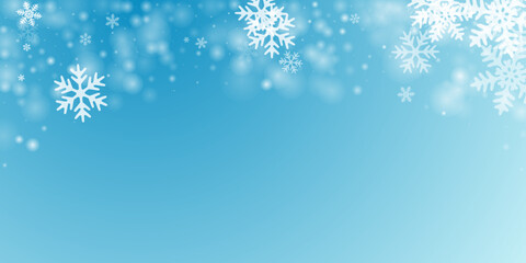 Chaotic falling snowflakes illustration. Snowfall dust freeze granules. Snowfall sky white teal blue background. Many snowflakes new year texture. Snow hurricane scenery.