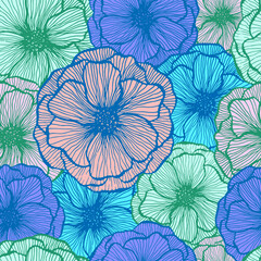 Fototapeta na wymiar Poppy flower doodle floral vector seamless pattern summer fabric print design. Line texture petals