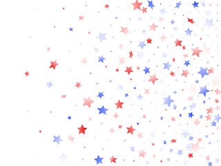 Flying red blue white star sparkles on white vector american patriotic background.