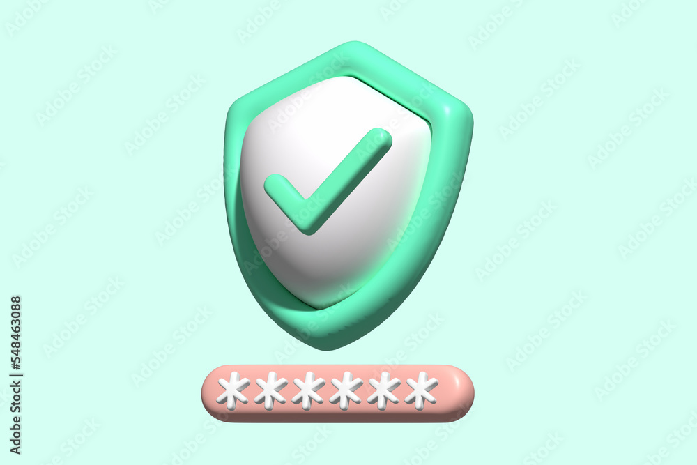 Poster 3d shield protection with password secure for online payment on green background concept, user passw