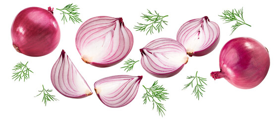 flying red sliced onion with green leaves isolated on white background. clipping path