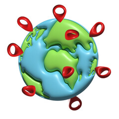 3D earth globe with pinpoints online deliver service, delivery tracking, pin location point marker of 3d globe concept. Product shipping out from world map. Logistic icon 3d render illustration