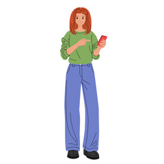 Smiling girl hold smartphone pointing with finger on it. Trendy flat vector cartoon illustration isolated on white background.