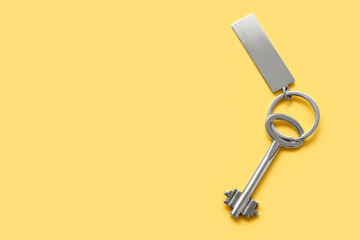 Key with metal keychain on color background