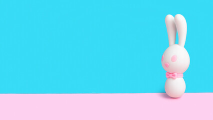 Obraz premium White rabbit vibrator on blue and pink background. Easter concept for sex shop. Vaginal dildo for girls in the shape of rabbit ears. Easter bunnys. Sex toys. Space for text.