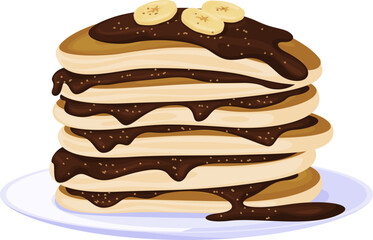 Pancakes with chocolate syrup and banana on serving plate vector flat illustration