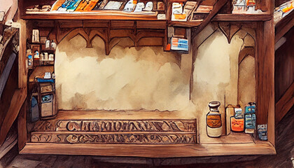 Medieval pharmacy store, illustration