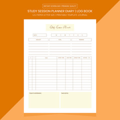 Study Session Planner | Study Session Log Book | Notebook Printable Template | Diary Journal
