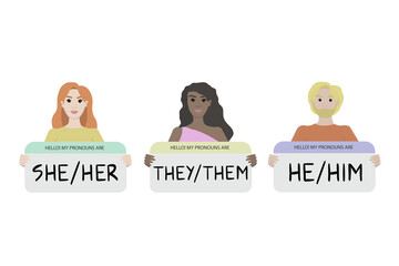 Gender pronouns. People holding sign with pronoun. Illustration for cards, posters, flyers, webs.