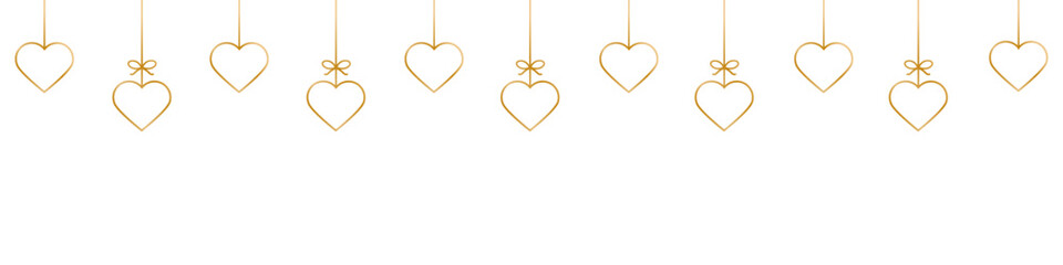 Golden heart line icons.Hanging hearts garland.Set of simple hearts.Valentine's Day seamless pattern.Golden hearts garland isolated on a white background. Valentine's day decoration.