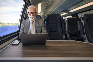 Businessman working on laptop computer while traveling on passenger intercity train.