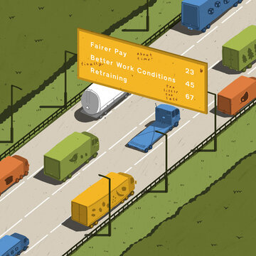 Illustration of Lorries on Motorway Needing Fairer Pay