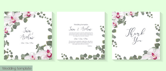 Vector floral template for wedding invitations. Delicate white and pink orchids, royal big flowers.