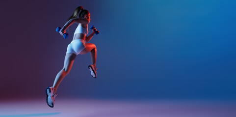 Back view of young sportive girl in white sportswear running away isolated over gradient blue purple background in neon light. Fitness, hobby, healthy lifestyle. Flyer