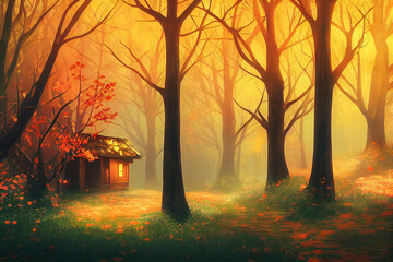 Beautiful autumn forest with wooden house or small red cabin. The forest around it is dressed in autumn colors. Beautiful alley in colorful autumn timely in colorful autumn time.