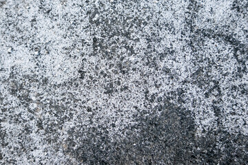 Salt spread on icy pavement in the city. Bricks covered with salt stains. Slippery sidewalk in winter.