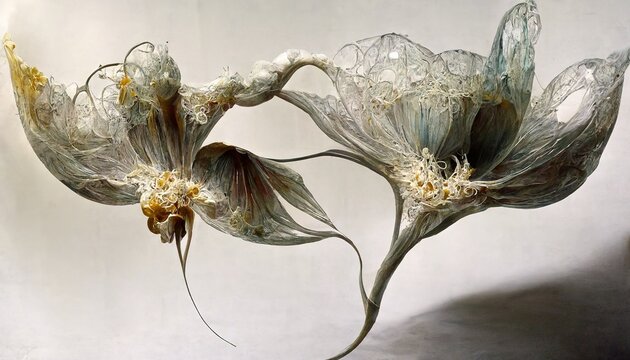 intricate morphing of a blooming peoni flower into liquid dripping thick melting strings of glass and garment