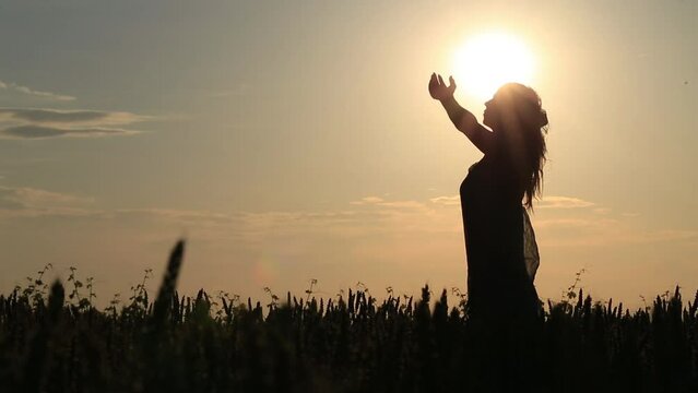 woman in backlight raises hands to the sun , concept of life