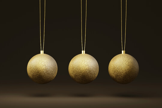 Three Gold Christmas Tree Bauble Isolated On A Dark Background. 3d Render