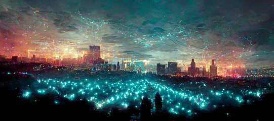Aerial views of high-speed internet connection visualized as glowing cable web sending digital data over spectacular dark cityscape with skyscrapers. People using smart phone with bright screen