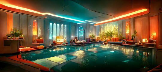 Fototapeta na wymiar Cyberpunk luxurious hotel wellness area with futuristic indoor pool area and eastern inspired furniture in optimistic futuristic neon colors.. Synthwave styled interior in pink orange purple tones