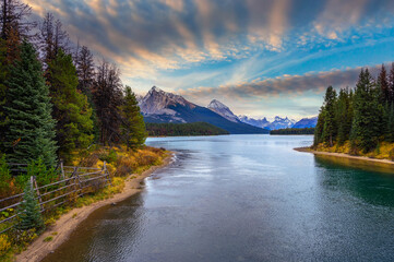 Sunset over Maligne Lake and Evelyn Creek in Jasper National Park, Canada