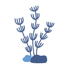 Vector blue algae in flat design. Cute water plant with leaves. Seagrass and stones.