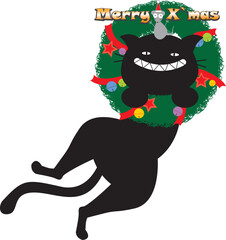 Cute black cat hangs on a Christmas wreath