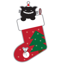 Cute black cat emerges from a Christmas stocking and a mouse emerges from it.